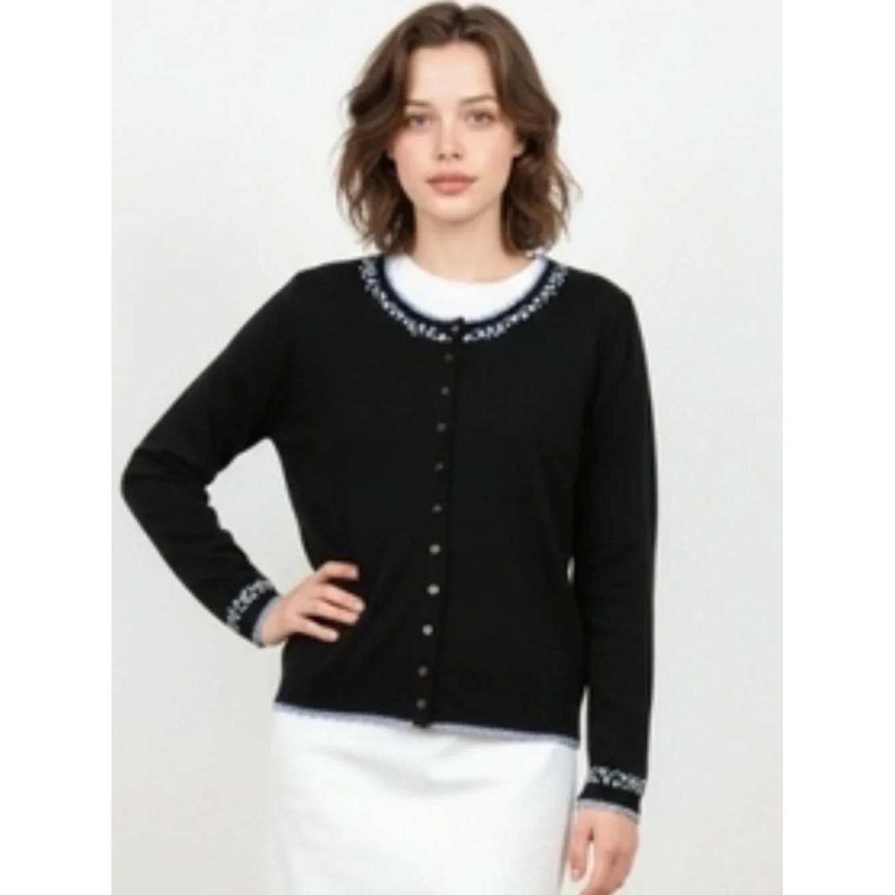Casual Corner Silk Blend Embroidered Cardigan Black Floral Crochet Trim Medium